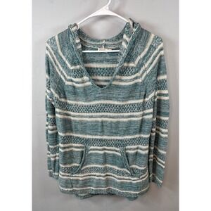 Faherty Womens Striped Cotton Linen Bamboo Knit Hoodie Sweater Teal Cream XS/S